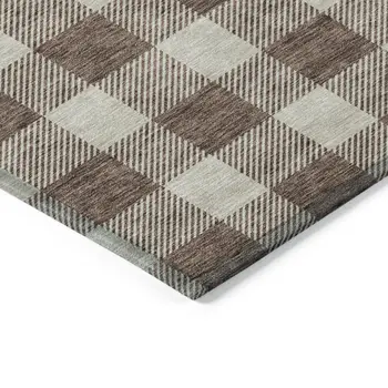 9' X 12' Brown And Beige Plaid Washable Indoor Outdoor Area Rug