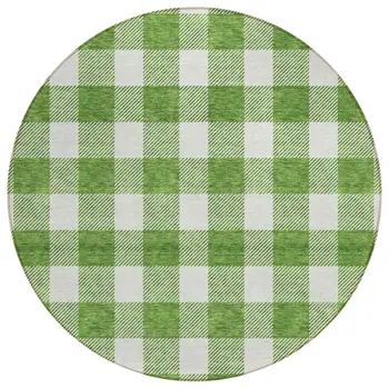 8' Green And Gray Round Plaid Washable Indoor Outdoor Area Rug