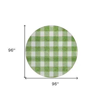 8' Green And Gray Round Plaid Washable Indoor Outdoor Area Rug