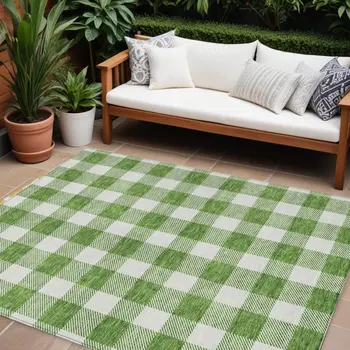 10' X 14' Green And Gray Plaid Washable Indoor Outdoor Area Rug