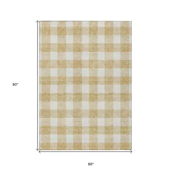 5' X 8' Gold And Beige Plaid Washable Indoor Outdoor Area Rug