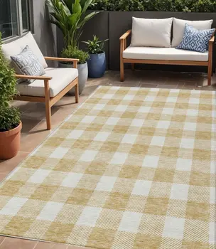 5' X 8' Gold And Beige Plaid Washable Indoor Outdoor Area Rug