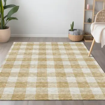 5' X 8' Gold And Beige Plaid Washable Indoor Outdoor Area Rug