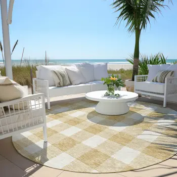 8' Gold And Beige Round Plaid Washable Indoor Outdoor Area Rug