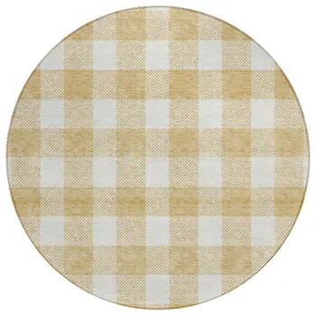 8' Gold And Beige Round Plaid Washable Indoor Outdoor Area Rug