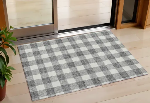 3' X 5' Gray And Charcoal Plaid Washable Indoor Outdoor Area Rug
