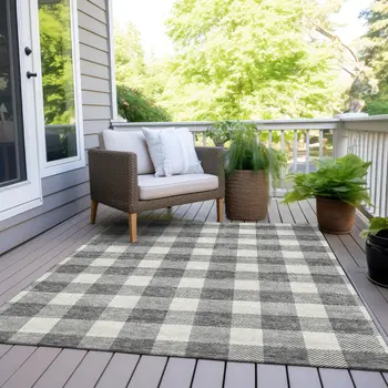 3' X 5' Gray And Charcoal Plaid Washable Indoor Outdoor Area Rug