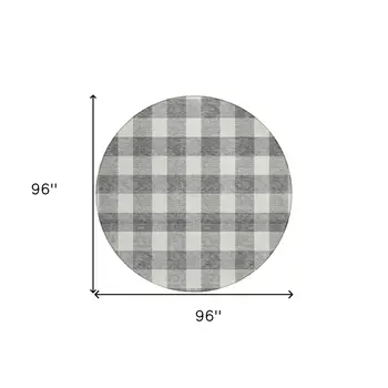 8' Gray And Charcoal Round Plaid Washable Indoor Outdoor Area Rug