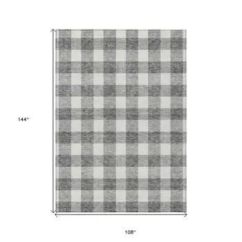 9' X 12' Gray And Charcoal Plaid Washable Indoor Outdoor Area Rug
