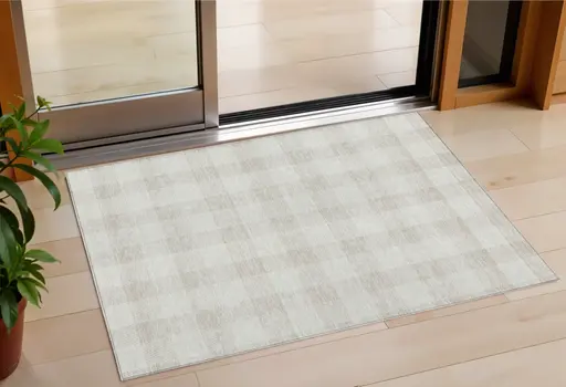 3' X 5' Ivory And Beige Plaid Washable Indoor Outdoor Area Rug