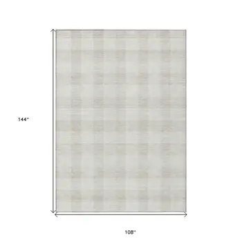 9' X 12' Ivory And Beige Plaid Washable Indoor Outdoor Area Rug