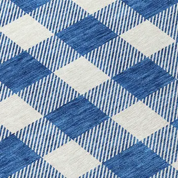 8' Navy Blue And Gray Round Plaid Washable Indoor Outdoor Area Rug
