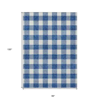 8' X 10' Navy Blue And Gray Plaid Washable Indoor Outdoor Area Rug