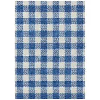 9' X 12' Navy Blue And Gray Plaid Washable Indoor Outdoor Area Rug