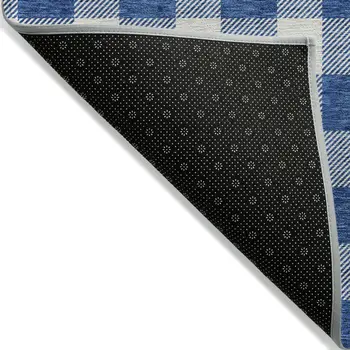 9' X 12' Navy Blue And Gray Plaid Washable Indoor Outdoor Area Rug