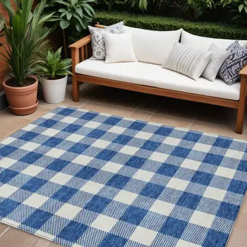 10' X 14' Navy Blue And Gray Plaid Washable Indoor Outdoor Area Rug