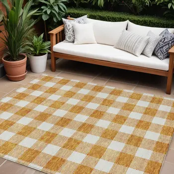 9' X 12' Orange And Beige Plaid Washable Indoor Outdoor Area Rug