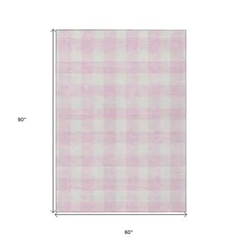 5' X 8' Pink And Gray Plaid Washable Indoor Outdoor Area Rug