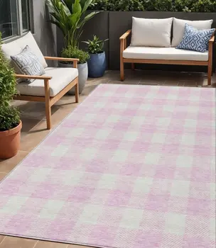 5' X 8' Pink And Gray Plaid Washable Indoor Outdoor Area Rug