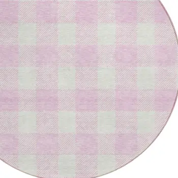 8' Pink And Gray Round Plaid Washable Indoor Outdoor Area Rug