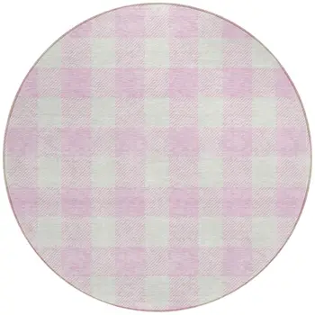 8' Pink And Gray Round Plaid Washable Indoor Outdoor Area Rug