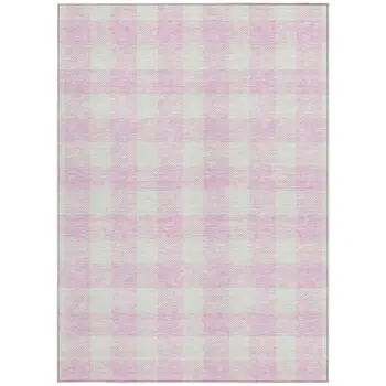 9' X 12' Pink And Gray Plaid Washable Indoor Outdoor Area Rug