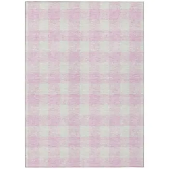 9' X 12' Pink And Gray Plaid Washable Indoor Outdoor Area Rug