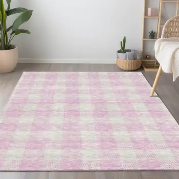 9' X 12' Pink And Gray Plaid Washable Indoor Outdoor Area Rug