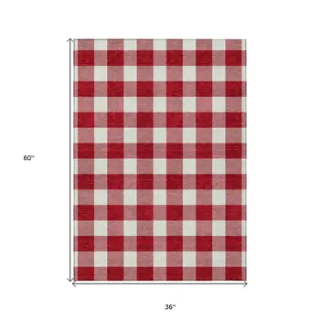 3' X 5' Red And Ivory Plaid Washable Indoor Outdoor Area Rug