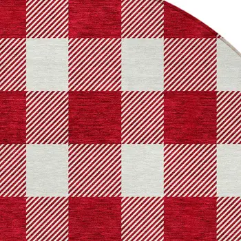 8' Red And Ivory Round Plaid Washable Indoor Outdoor Area Rug