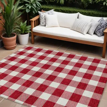 8' X 10' Red And Ivory Plaid Washable Indoor Outdoor Area Rug