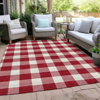 8' X 10' Red And Ivory Plaid Washable Indoor Outdoor Area Rug