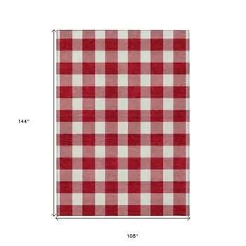 9' X 12' Red And Ivory Plaid Washable Indoor Outdoor Area Rug