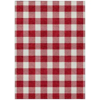 9' X 12' Red And Ivory Plaid Washable Indoor Outdoor Area Rug