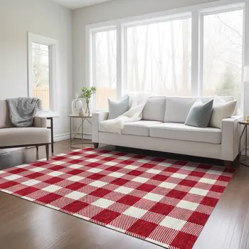 9' X 12' Red And Ivory Plaid Washable Indoor Outdoor Area Rug