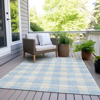 5' X 8' Sky Blue And Gray Plaid Washable Indoor Outdoor Area Rug