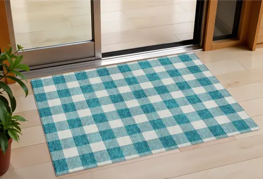 3' X 5' Teal Blue And Gray Plaid Washable Indoor Outdoor Area Rug
