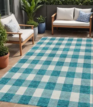 5' X 8' Teal Blue And Gray Plaid Washable Indoor Outdoor Area Rug