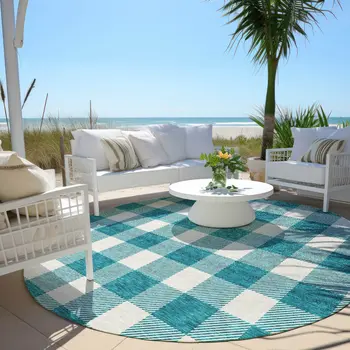 8' Teal Blue And Gray Round Plaid Washable Indoor Outdoor Area Rug