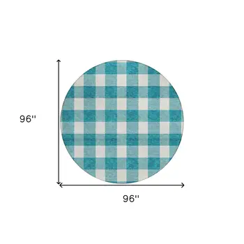 8' Teal Blue And Gray Round Plaid Washable Indoor Outdoor Area Rug