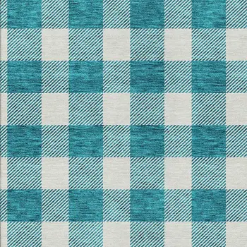 9' X 12' Teal Blue And Gray Plaid Washable Indoor Outdoor Area Rug