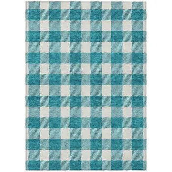 10' X 14' Teal Blue And Gray Plaid Washable Indoor Outdoor Area Rug