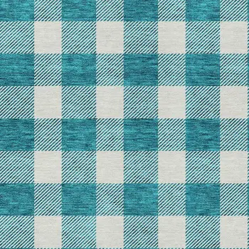 10' X 14' Teal Blue And Gray Plaid Washable Indoor Outdoor Area Rug