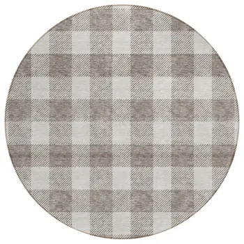 8' Taupe And Gray Round Plaid Washable Indoor Outdoor Area Rug