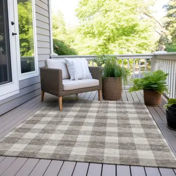 8' X 10' Taupe And Gray Plaid Washable Indoor Outdoor Area Rug