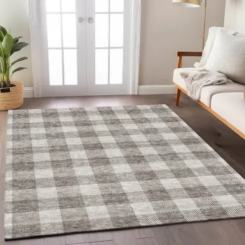 8' X 10' Taupe And Gray Plaid Washable Indoor Outdoor Area Rug