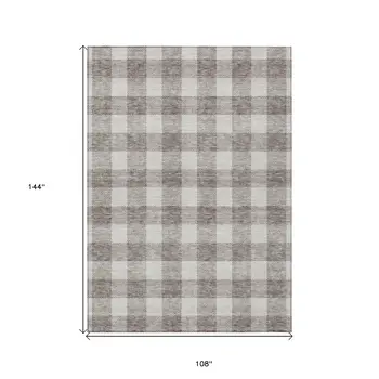 9' X 12' Taupe And Gray Plaid Washable Indoor Outdoor Area Rug