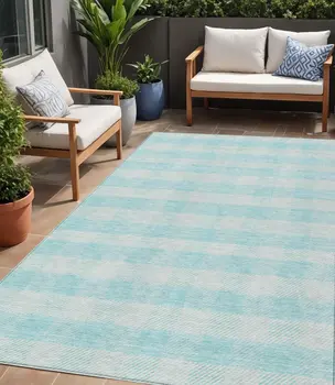5' X 8' Aqua And Ivory Plaid Washable Indoor Outdoor Area Rug