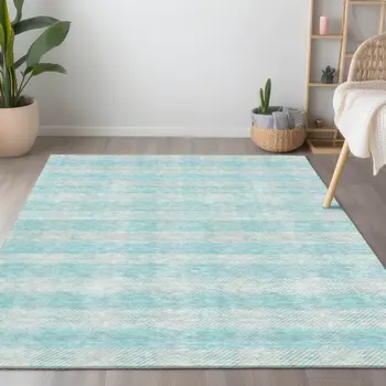 5' X 8' Aqua And Ivory Plaid Washable Indoor Outdoor Area Rug
