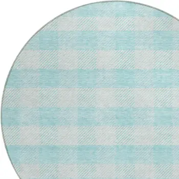 8' Aqua And Ivory Round Plaid Washable Indoor Outdoor Area Rug